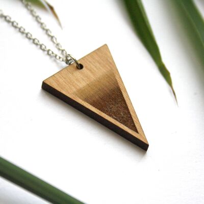 Gradient brown triangle wooden necklace, silver chain