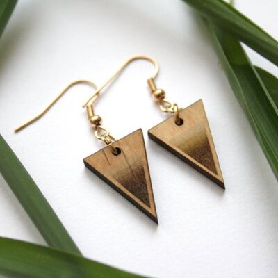 Wooden earrings, brown triangles, geometric style, gold ear pendant