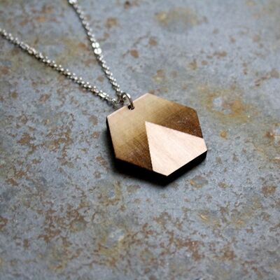 Necklace with hexagon pendant and gradient triangle, mid-length silver chain