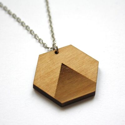 Geometric wooden necklace, hexagon pendant, triangle pattern, mid-length silver chain