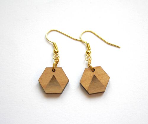 Boucles d’oreilles bois géométriques hexagone, motif triangle, en bois et laiton