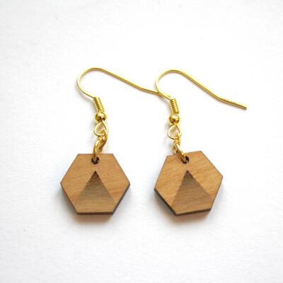 Hexagon geometric wood earrings, triangle pattern, in wood and brass