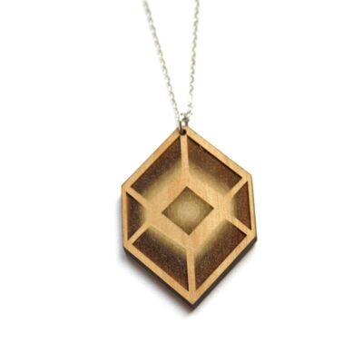 Geometric long necklace with wooden graphic pendant, optical art inspiration, silver chain