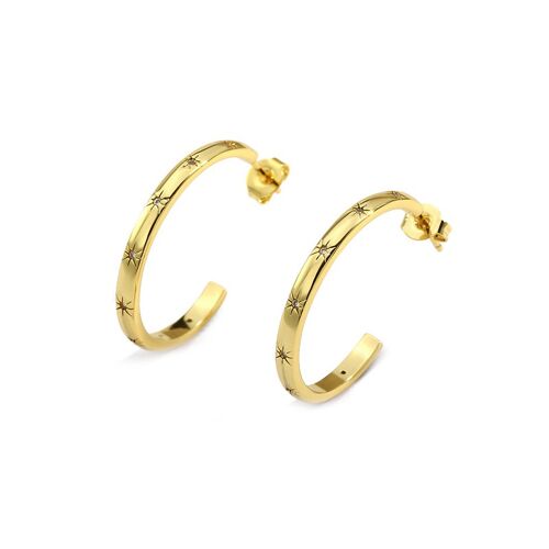 Cubic Zirconia star imprint hoop earring gold.