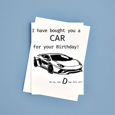 Tarjeta de cumpleaños de coche. Tarjeta de saludos divertidos