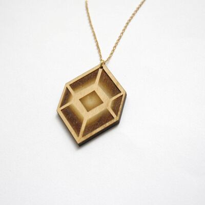 Geometric long necklace with wooden graphic pendant, optical art inspiration, golden chain