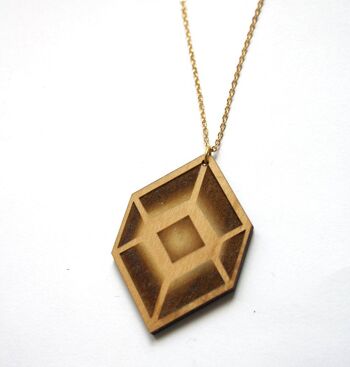 Sautoir géométrique avec pendentif graphique en bois, inspiration art optique, chaîne dorée 2