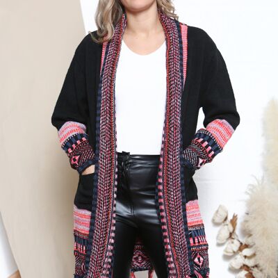 Black pattern trim tassel cardigan