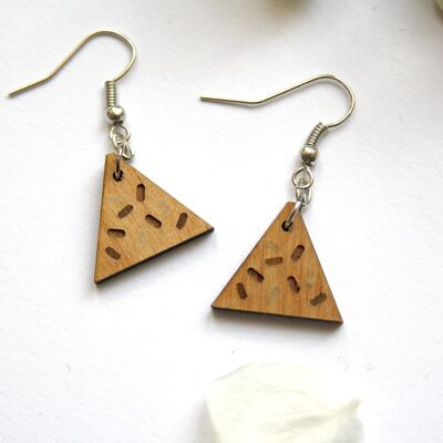 Wood triangles earrings, Memphis design inspiration, large nuggets, silver hooks