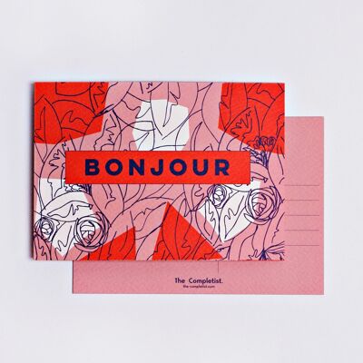 Pink Red Bonjour Postcard - by The Completist