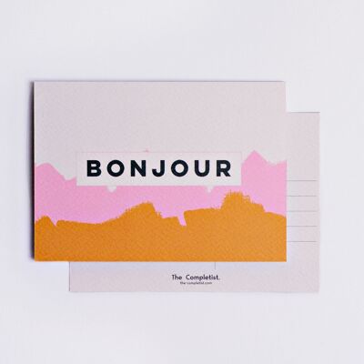 Postal rosa mostaza Bonjour - por The Completist