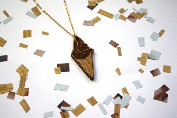 Collier sautoir, pendentif cornet de glace, bijou en bois, chaîne dorée 1