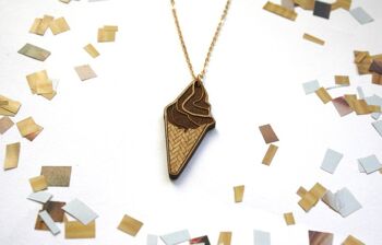 Collier sautoir, pendentif cornet de glace, bijou en bois, chaîne dorée 2