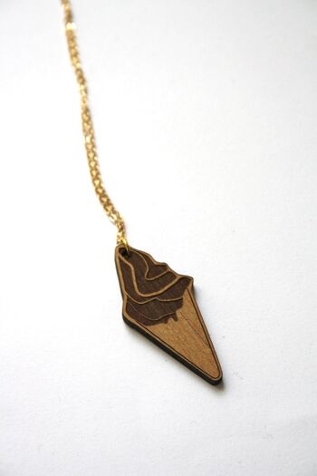 Collier sautoir, pendentif cornet de glace, bijou en bois, chaîne dorée 6