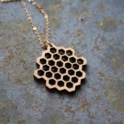Long necklace with honeycomb pendant, golden chain