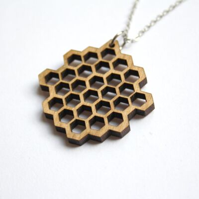 Necklace with wooden honeycomb pendant, silver chain