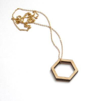 Openwork hexagon long necklace, golden chain