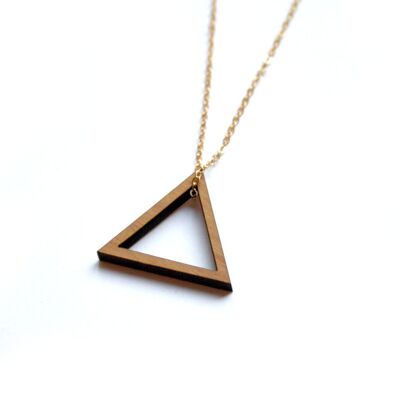 Sautoir triangle ajouré en bois, style minimaliste, chaîne dorée