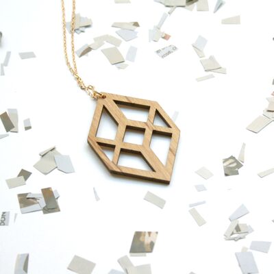 Sautoir géométrique, collier cube ajouré en bois, chaîne dorée