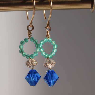 Bleu Boucles d’oreilles pendantes en bleu azur et onyx vert en or 14K remplies
