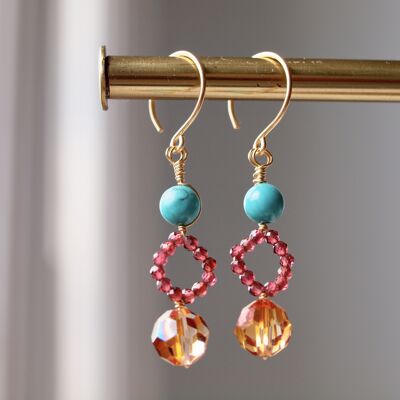 Autumn Dangle Earrings with turquoise, rhodonite garnet and fire opal swarovski crystals, gemstone earrings