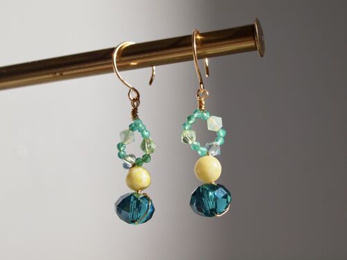 Boucles d’oreilles vert jaune Dangle, cristal émeraude et jaspe citron boucles d’oreilles en or jaune 14K remplies