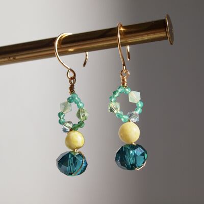 Yellow Green Dangle Earrings, Emerald Crystal and Lemon Jasper 14K Yellow Gold Filled Earrings