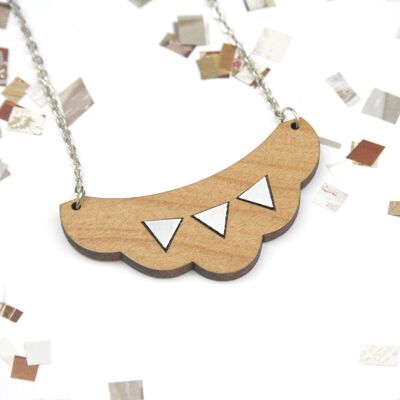 Wooden cloud necklace, silver triangles patterns