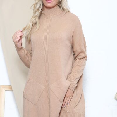 Camel high neck jumper with buttons