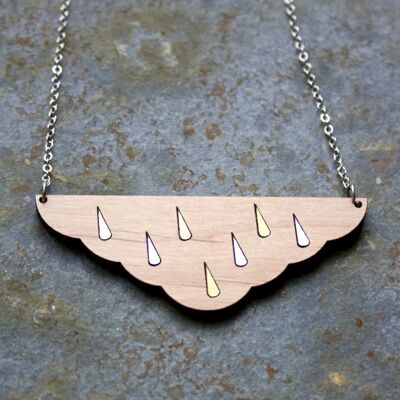 Wood long necklace, rain cloud, silver chain