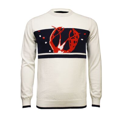 Half Lobster Intarsia Crew Neck White Navy Red