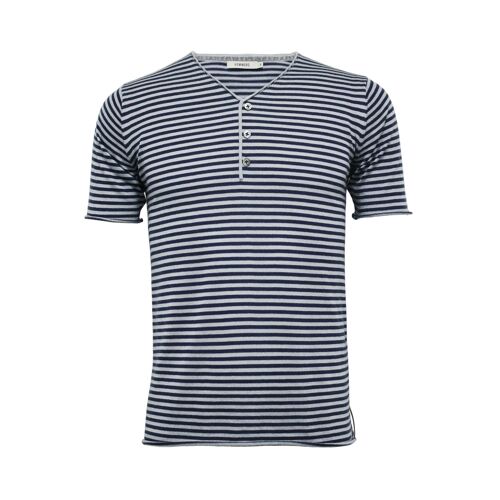 Striped Button T-Shirt Navy Grey