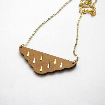 Wood long necklace, rain cloud, golden chain