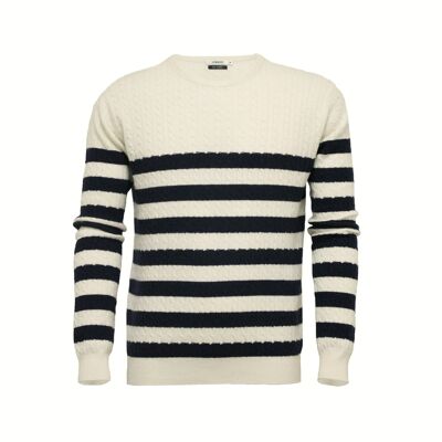 Seda Cashmere Cuello Redondo Cable A Rayas Blanco Azul Marino