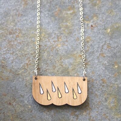 Wood cloud necklace, golden and silver rain, silver chain
