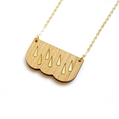 Wood cloud necklace, golden raindrops