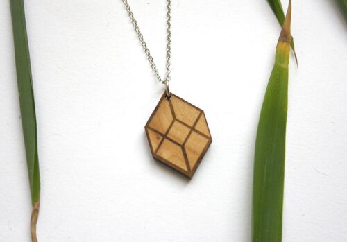 Collier géométrique en bois, pendentif en forme de cube avec effet d’optique