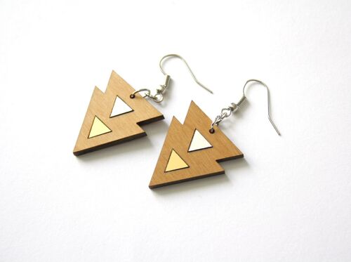 Boucles d’oreilles géométriques en bois, motifs triangles argentés et dorés, crochet argenté