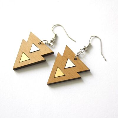 Geometric wooden earrings, silver and gold triangle patterns, silver hook