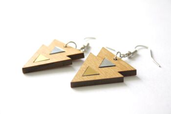 Boucles d’oreilles géométriques en bois, motifs triangles argentés et dorés, crochet argenté 4