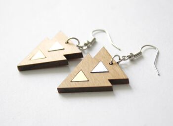 Boucles d’oreilles géométriques en bois, motifs triangles argentés et dorés, crochet argenté 5