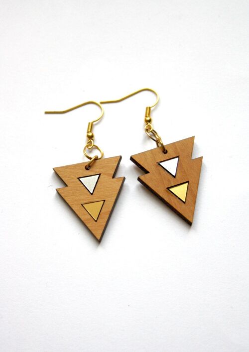 Boucles d’oreilles géométriques en bois, motifs triangles argentés et dorés, crochet doré