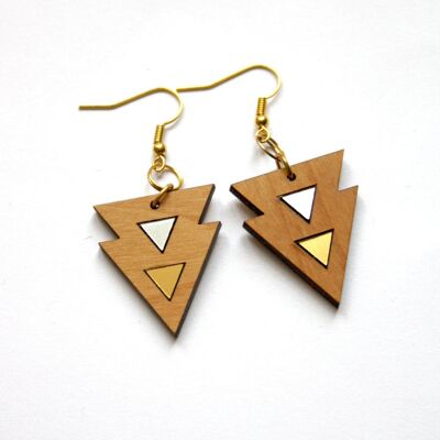 Wooden geometric earrings, silver and gold triangle patterns, golden hook