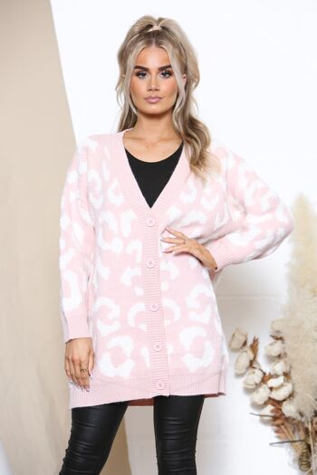 Cardigan boutonné rose imprimé léopard 1