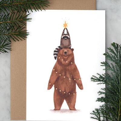 Carte de Noël ours et raton laveur Joyeuses fêtes