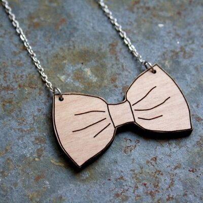 Wooden bow tie necklace, silver chain