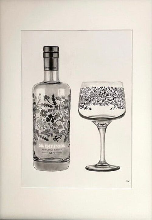 Silent Pool Gin Bottle and Glass Fine Art Print - Wall Decor - Hand Drawn - Mounted Giclée Print