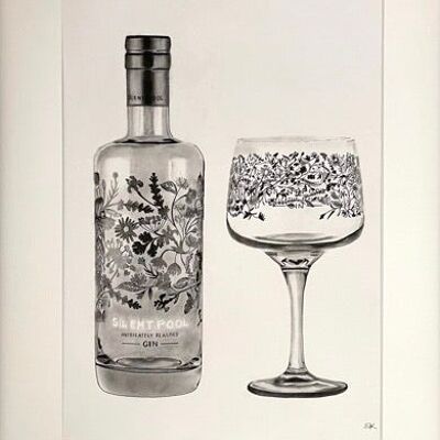 Silent Pool Gin Bottle and Glass Fine Art Print - Decoración de pared - Dibujado a mano - Impresión Giclée montada
