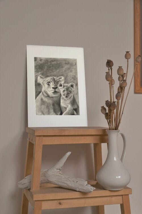 Hydra the Lioness and Ava the Cub Hand Drawn Print - Mounted Giclèe Print
