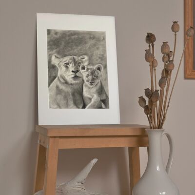 Hydra the Lioness and Ava the Cub Hand Drawn Print - Mounted Giclèe Print
